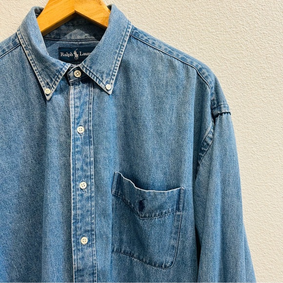 Ralph Lauren 90s vintage stone washed blue long sleeve vet button down Big Shirt - Picture 2 of 12